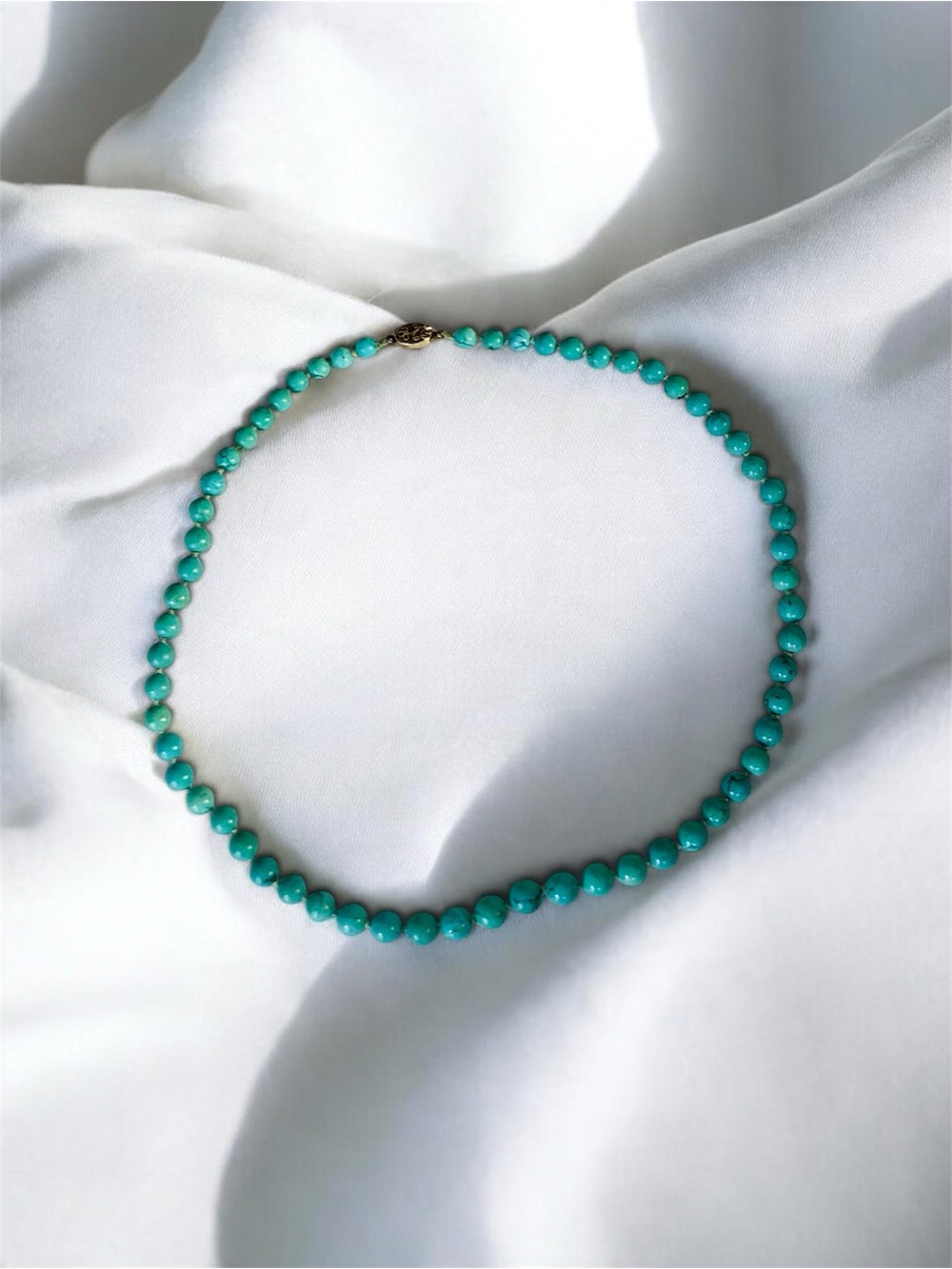Vintage Turquoise Graduated Bead   Necklace, Hand Knotted with Silver Clasp- 24”